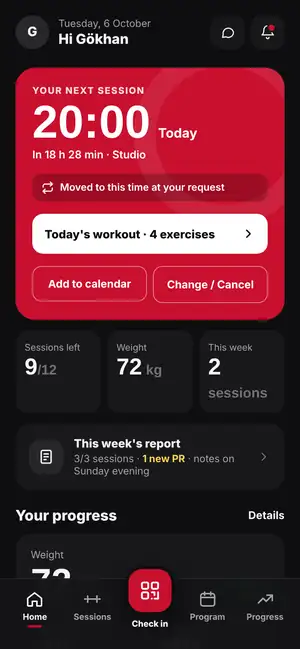 GFC app: home screen with next session and progress