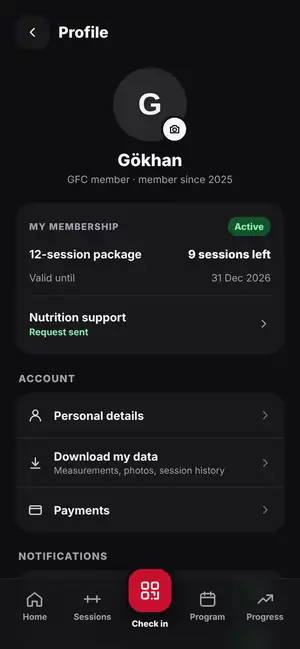 GFC app: member profile and package